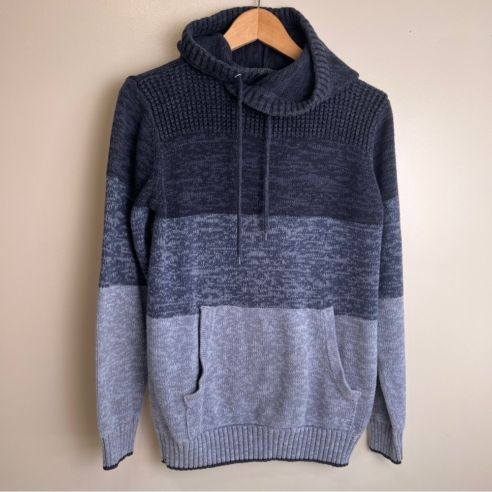 Retrofit Knit Blue Colorblock Hoodie with Kangaroo Pocket Size Small Unisex